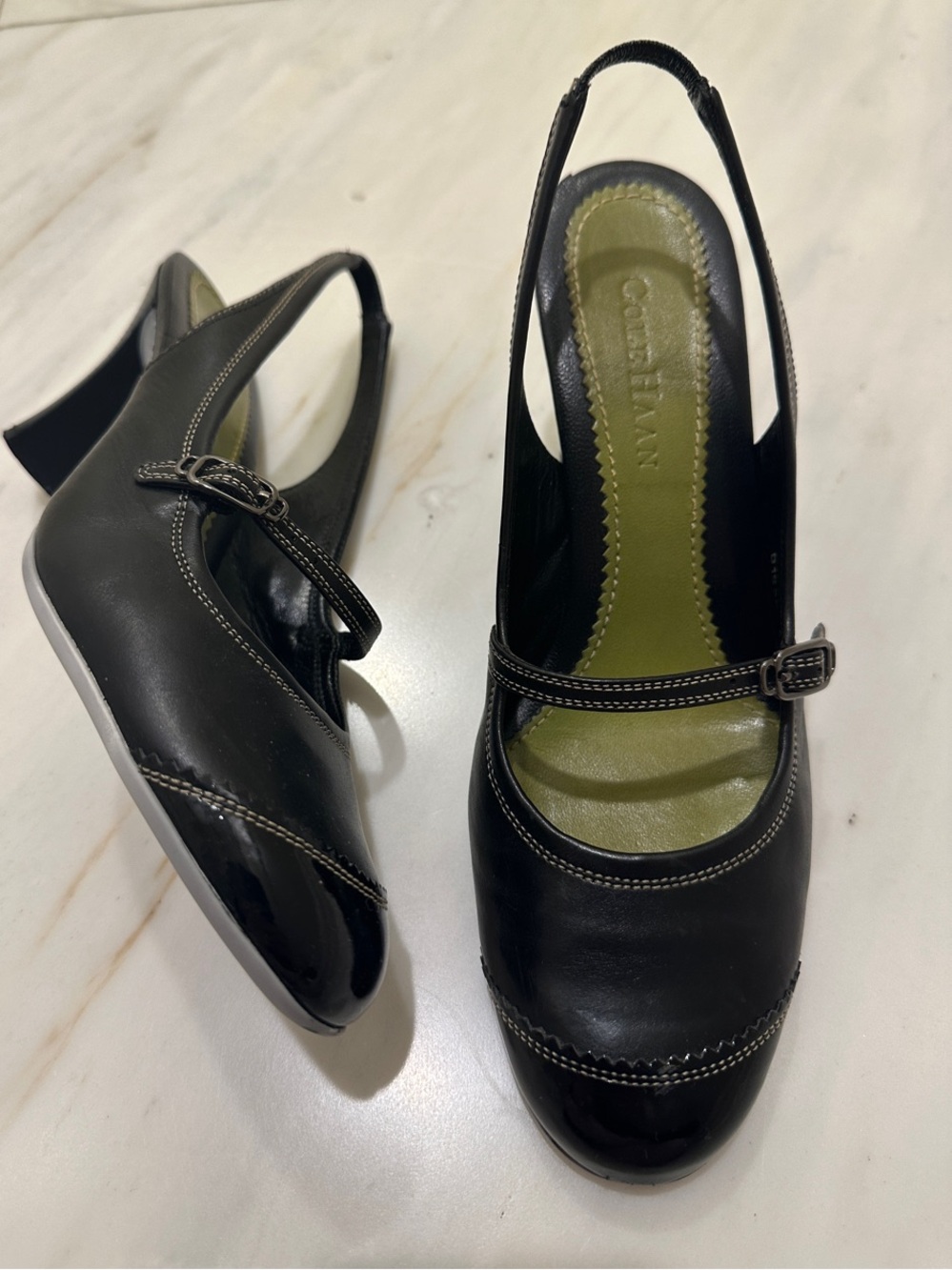 Cole Haan Black Mary Jane Slingback Heels with Olive Insole
